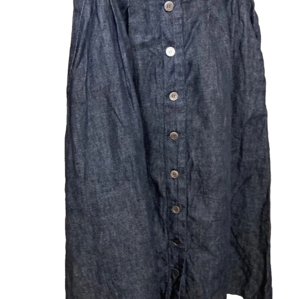 Denim Button-Front Midi Skirt - Dark Blue 100% Linen